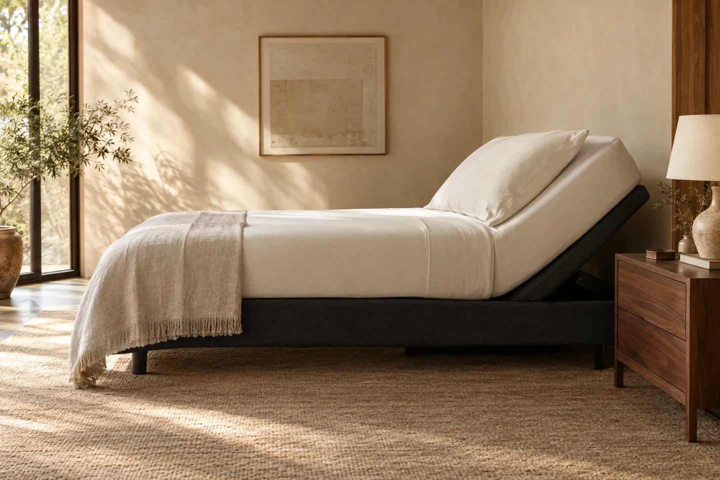 An illustrative charcoal adjustable bed base with its head section elevated