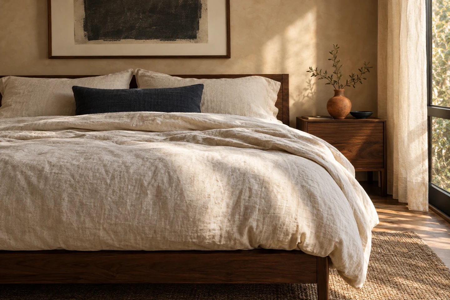 An illustrative bedroom with natural linen bedding and a walnut bed frame