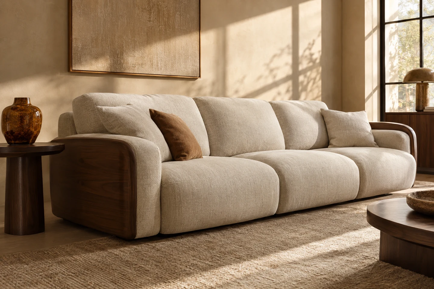 An illustrative oatmeal sofa in a sunlit room with walnut furniture